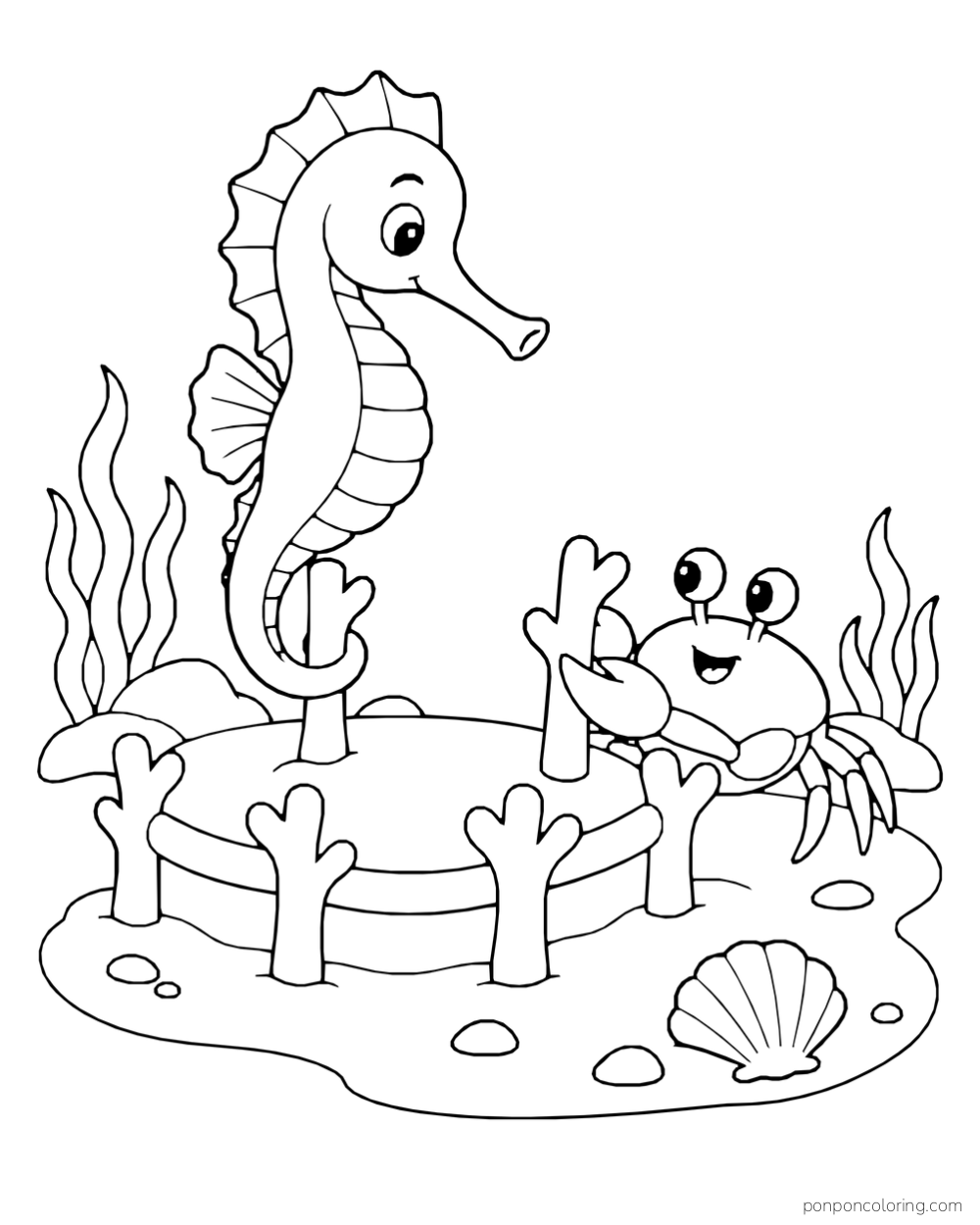 A seahorse and a crab beside a low coral rail, with sea plants and a shell around the seabed.