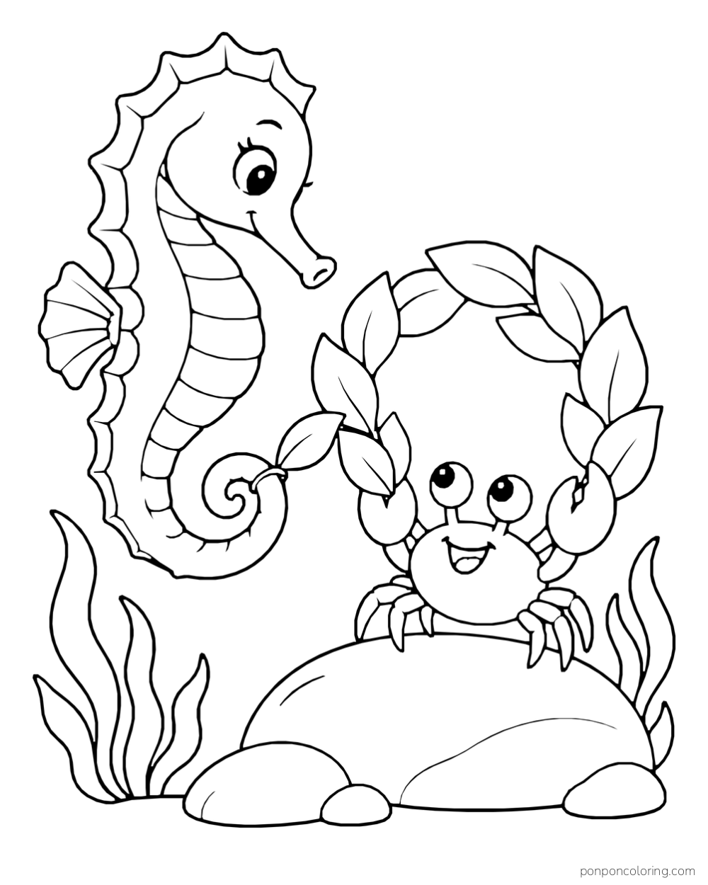 A seahorse beside a crab holding a circular seaweed wreath above a rock, with tall sea plants on each side.
