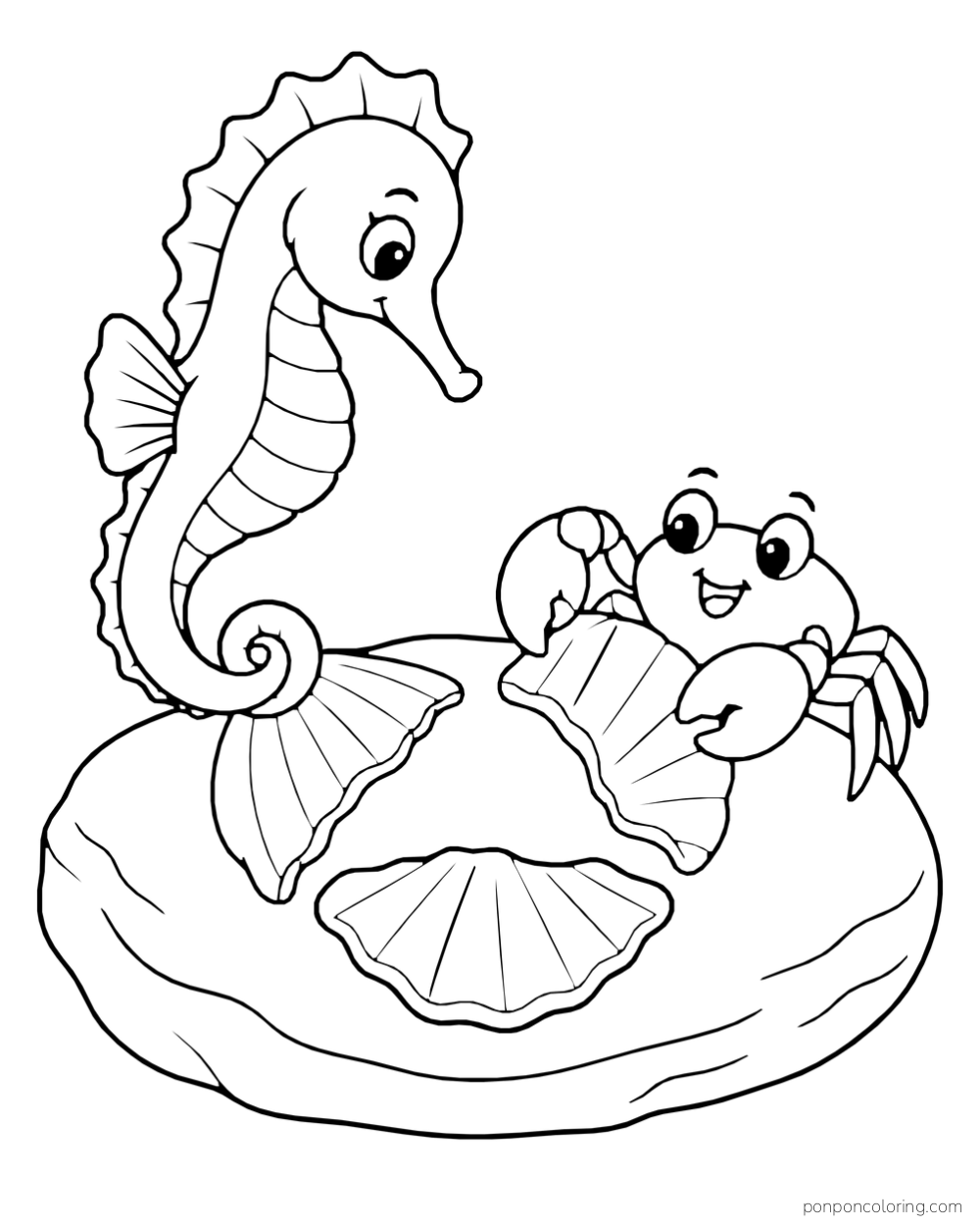 A seahorse beside a crab holding a shell piece on a broad rock, with another shell piece below.