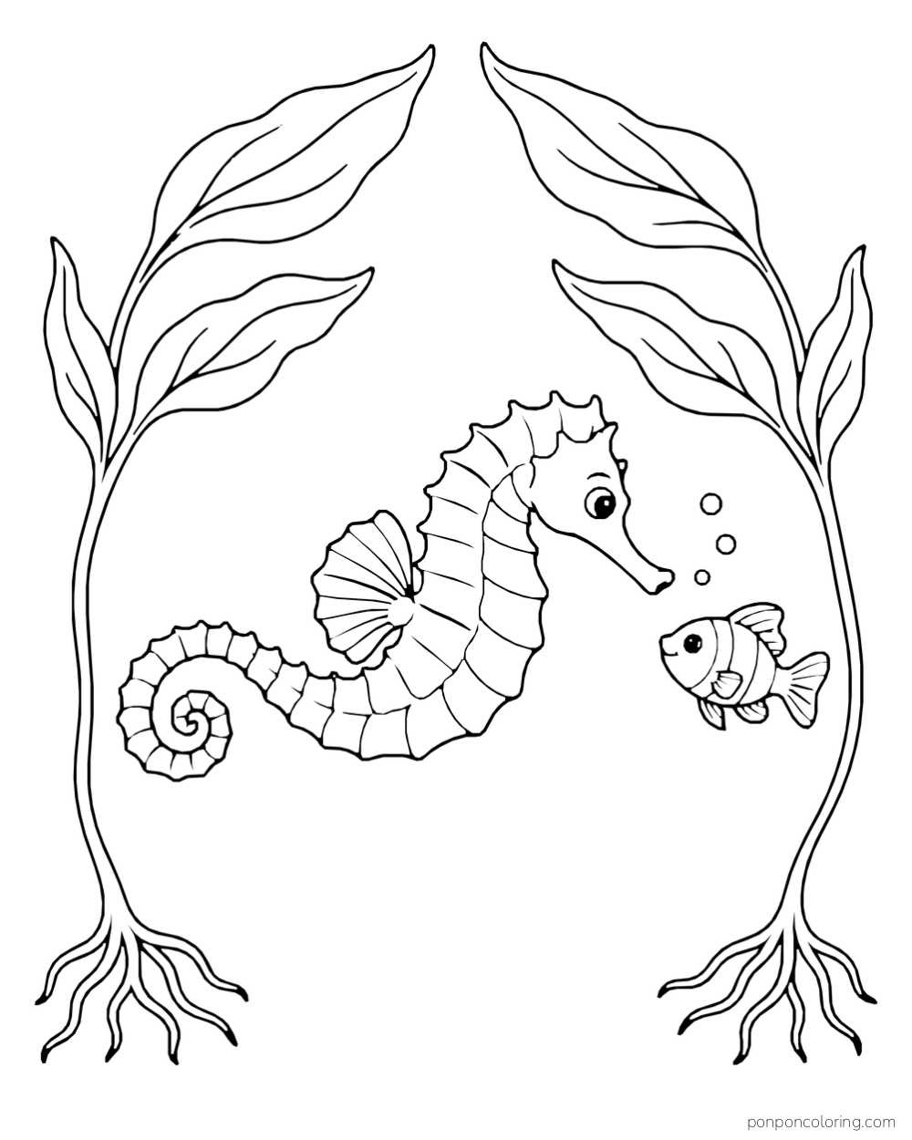 A seahorse facing a small fish beneath two tall kelp plants whose leaves arch overhead.