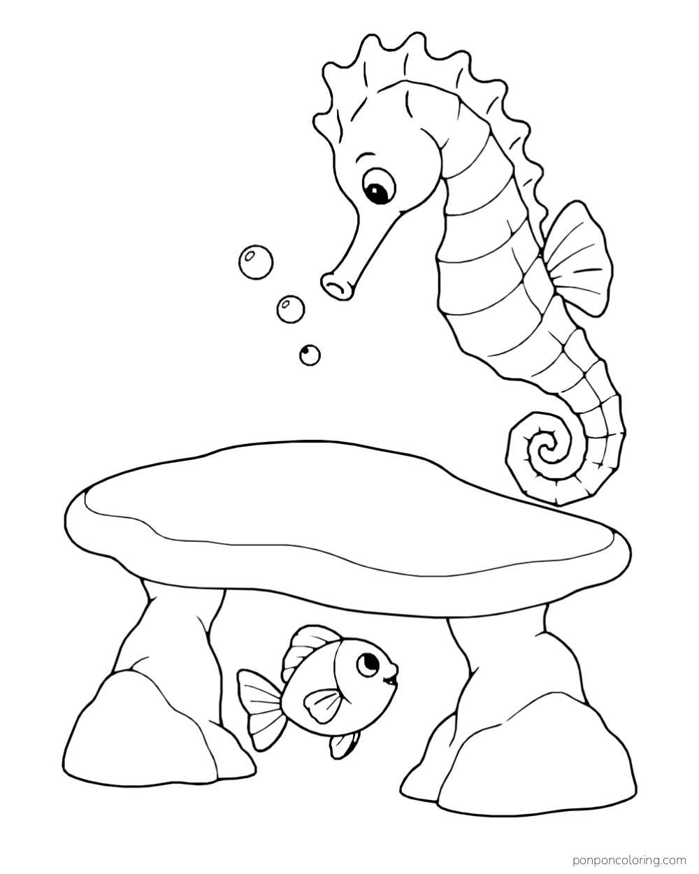 A seahorse above a broad rock ledge with a small fish beneath it.