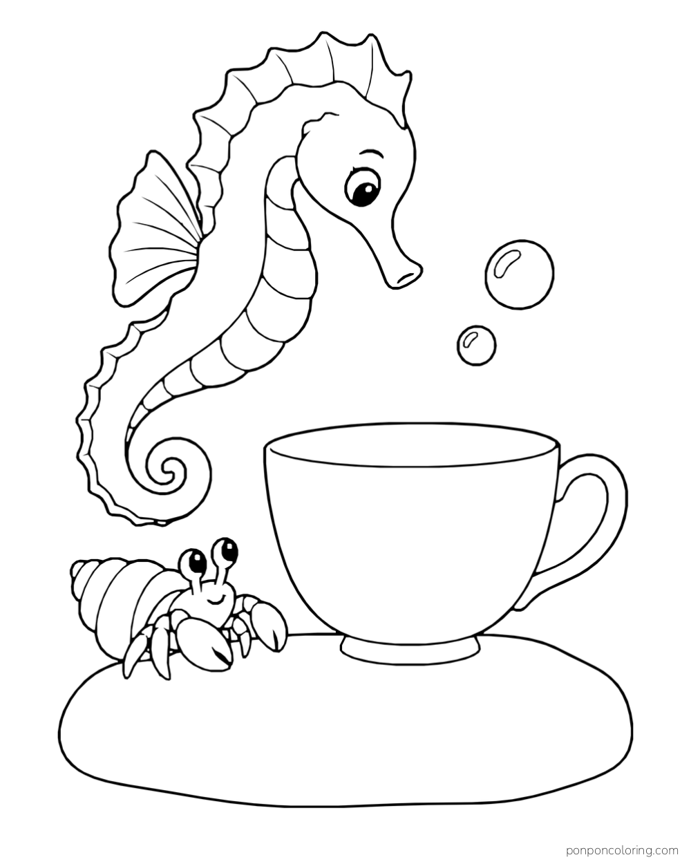 A seahorse above a large cup on a rock while a hermit crab sits beside it.