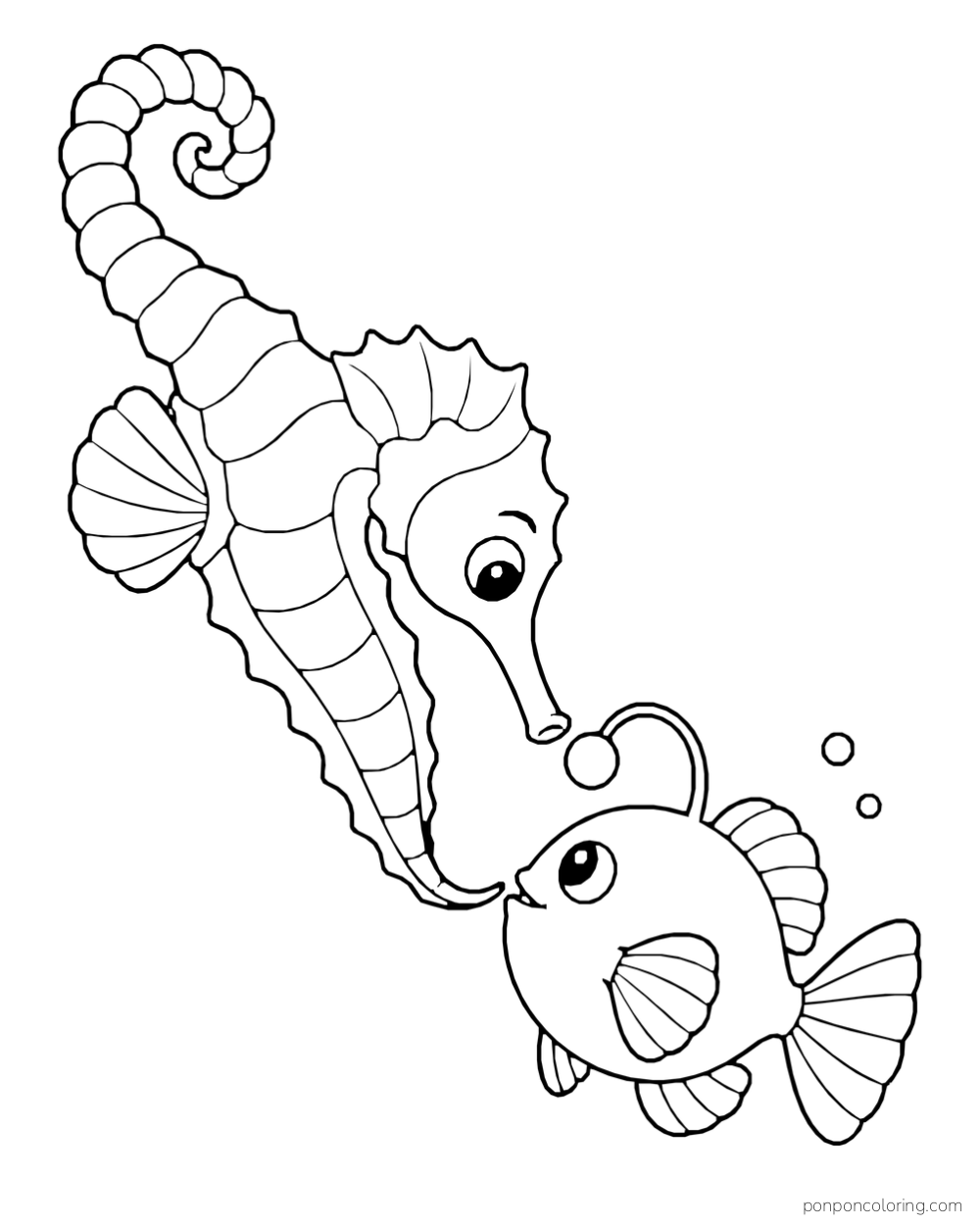 A seahorse facing a round fish with a lure above its head, with two bubbles nearby.