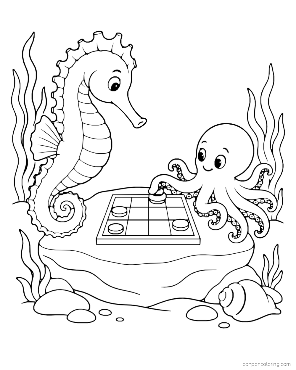 A seahorse and an octopus facing a checkerboard on a rock, with plants and a shell around them.