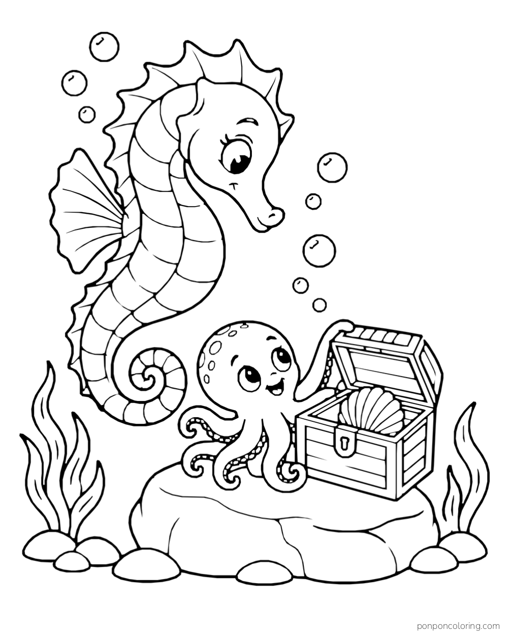 An octopus lifting the lid of a small chest holding one fan shell while a seahorse looks down at it.