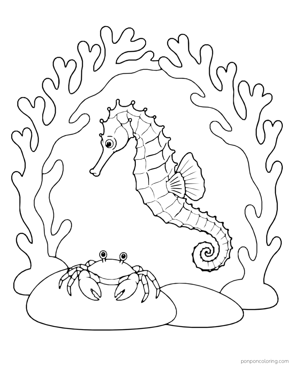 A seahorse under a branching coral arch while a small crab sits on a rock below.