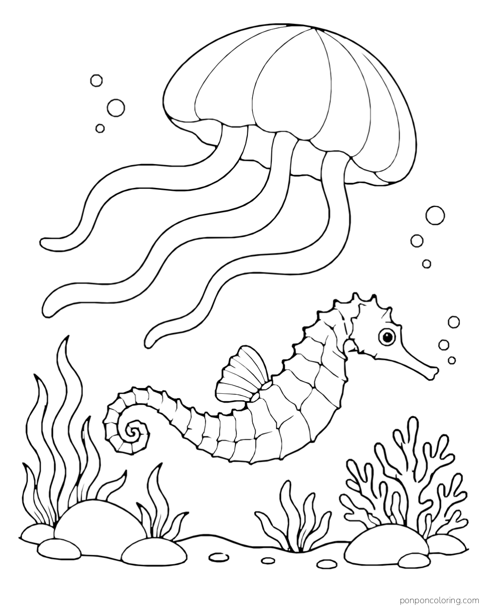 A seahorse below a large jellyfish with a rounded bell and long tentacles above sea plants and coral.