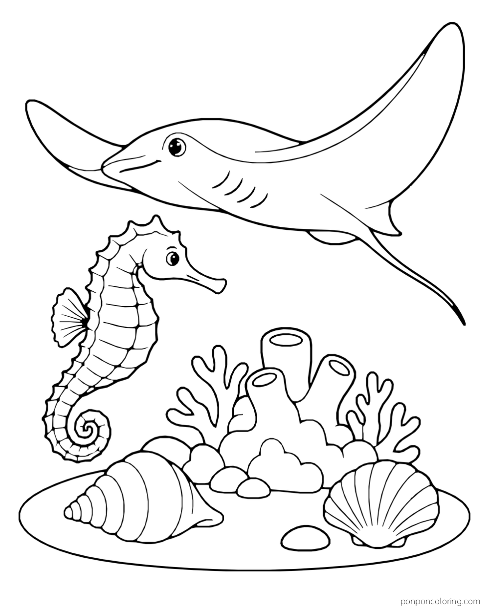 A ray swimming above a seahorse, coral, a spiral shell, and a fan shell.