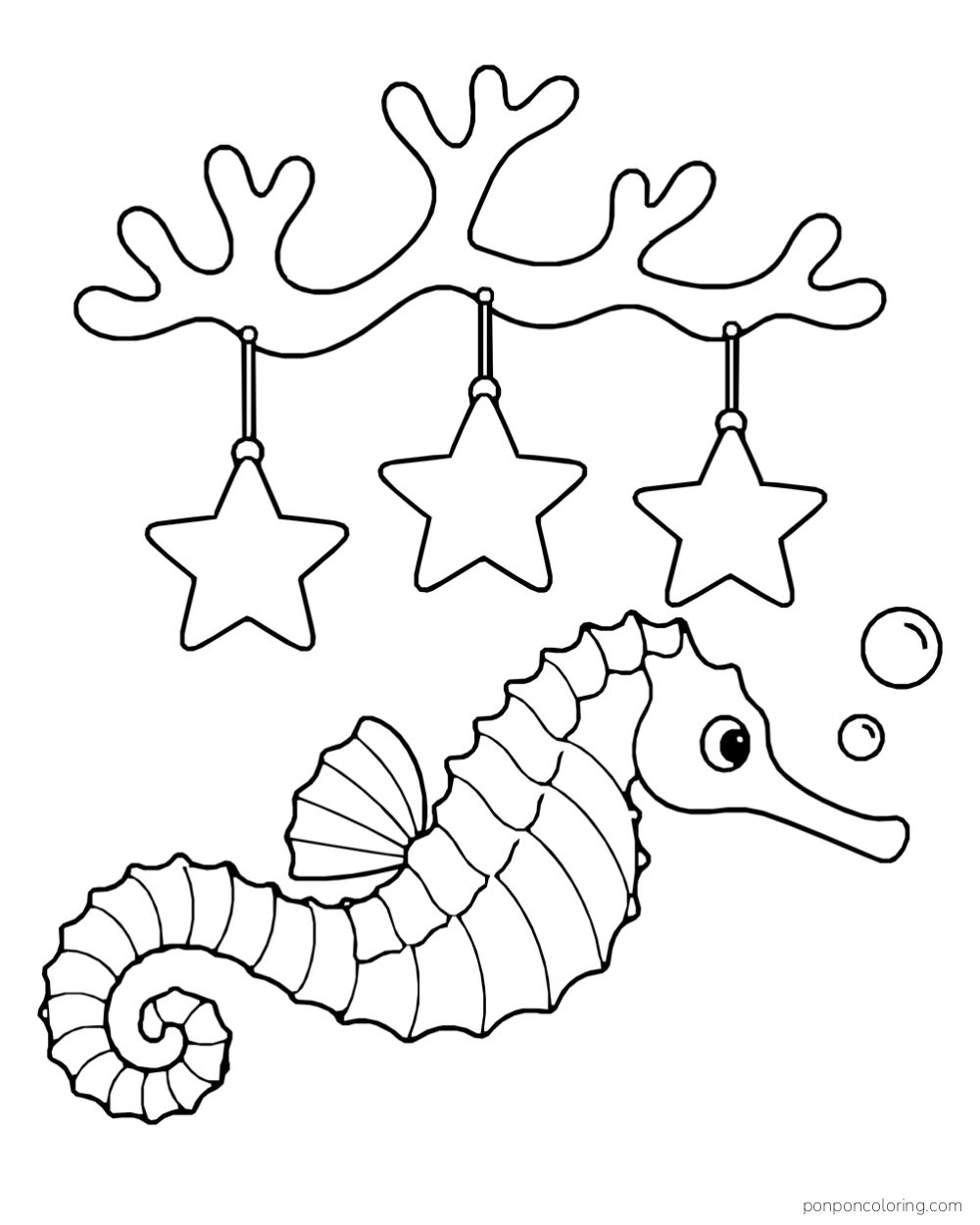A seahorse swims beneath three star ornaments hanging from a coral branch, with two bubbles beside it.