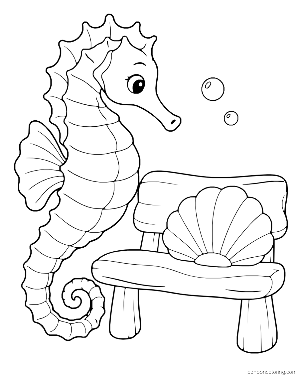 A seahorse beside a small bench with a fan shell on its seat.