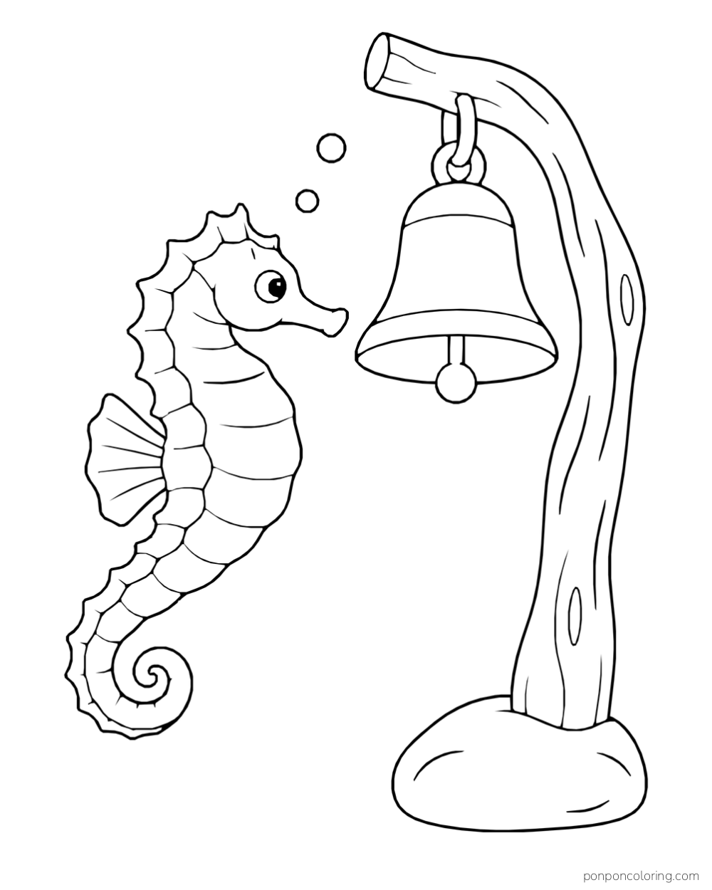 A seahorse beside a large bell hanging from a curved post set on a stone.