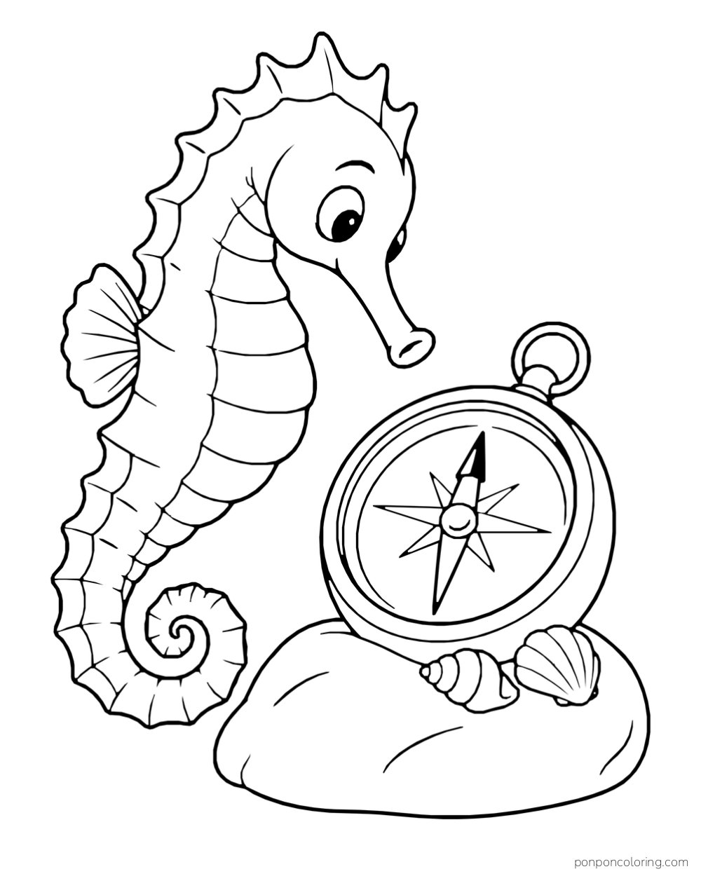 A seahorse looking at a large compass on a smooth rock beside two small shells.