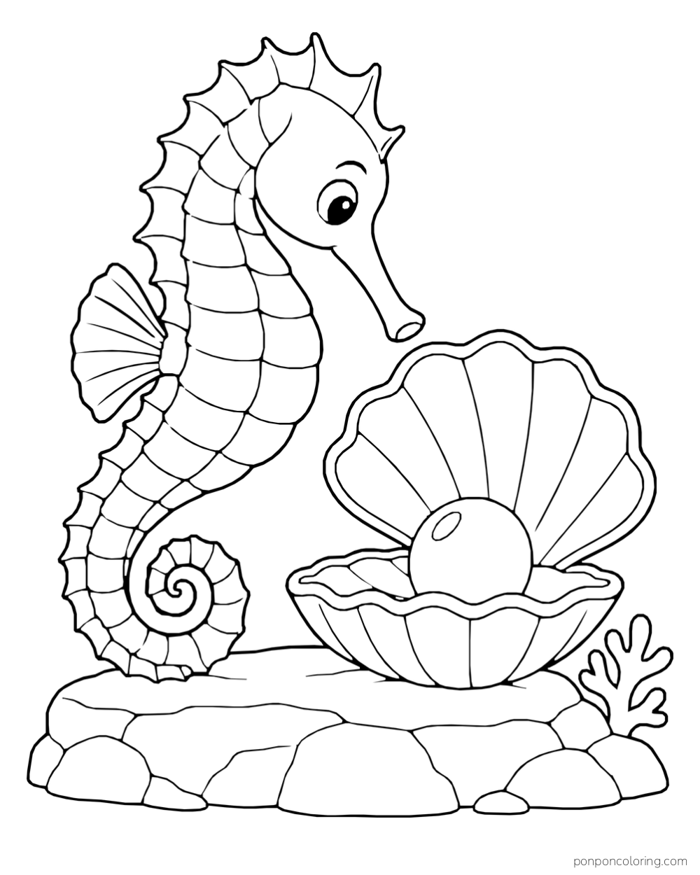 A seahorse looking toward an open shell holding one round pearl on a rocky ledge.