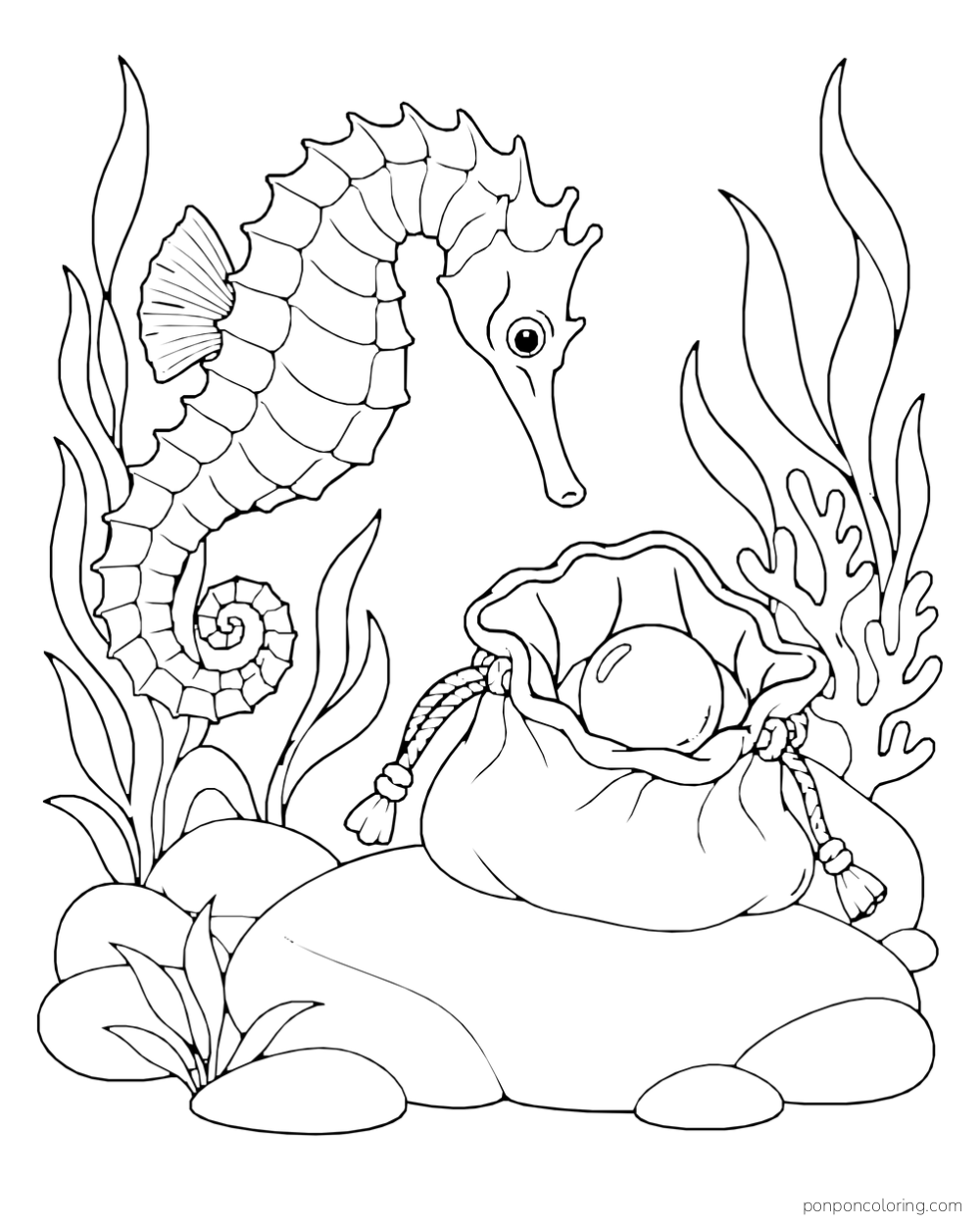 A seahorse looking into an open drawstring pouch holding one round pearl on a rocky shelf.