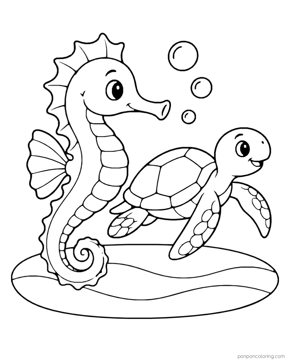 A seahorse and a sea turtle above broad curved bands on the seabed, with three bubbles overhead.