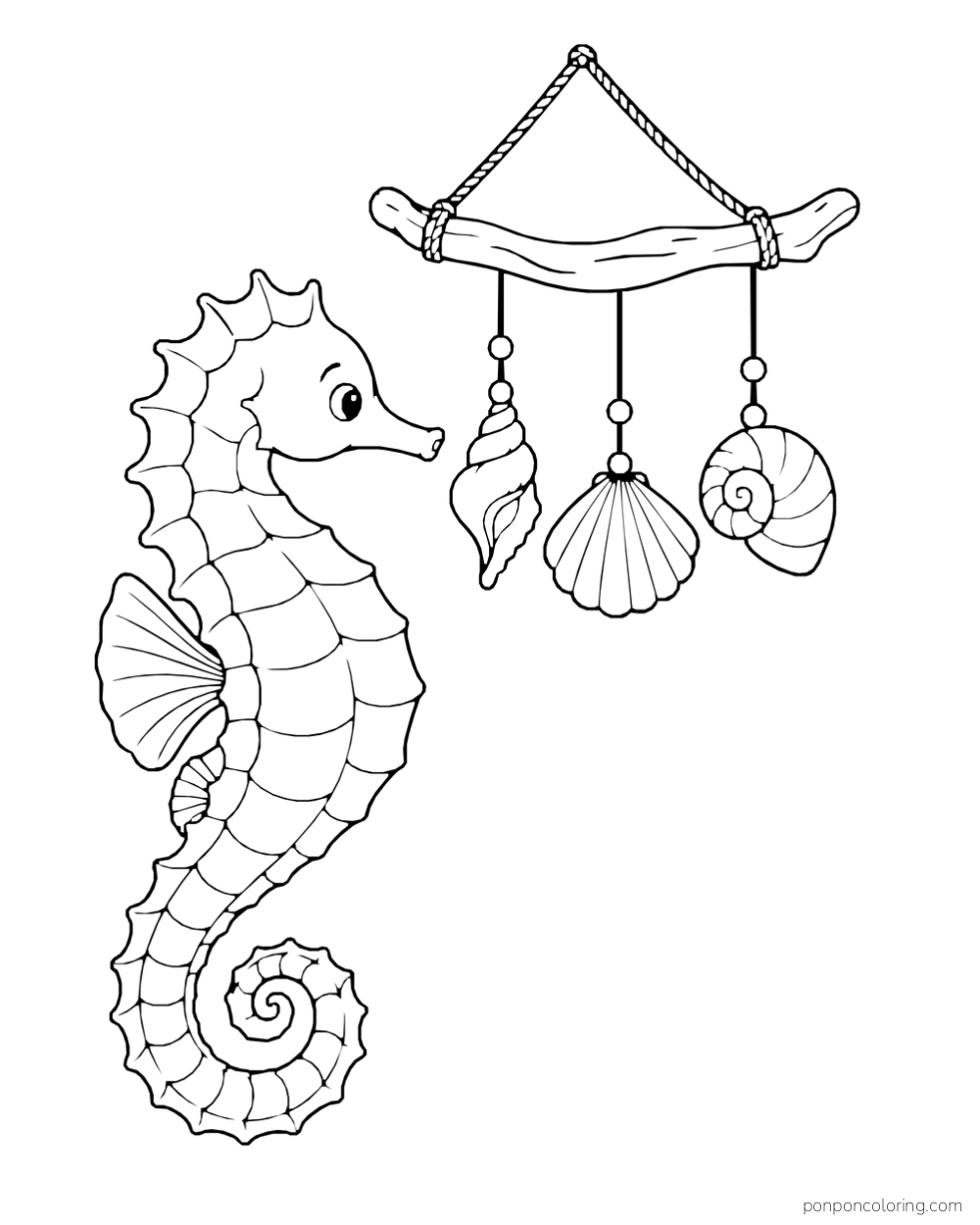 A seahorse beside three shells hanging by strings from a curved branch.