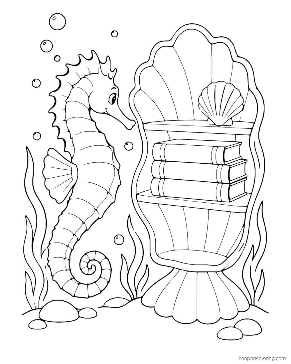 A seahorse beside a shell-shaped shelf holding three books and a small fan shell.