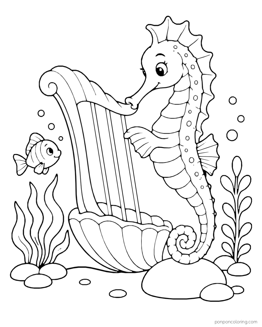 A seahorse beside a tall shell-shaped harp, with a small fish, sea plants, and bubbles nearby.