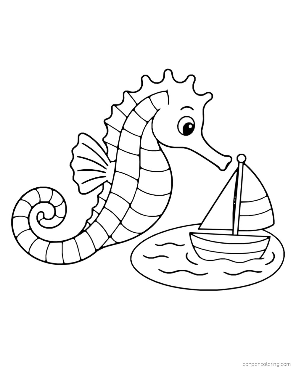 A seahorse beside a small sailboat with a mast and sail on an oval patch of water.
