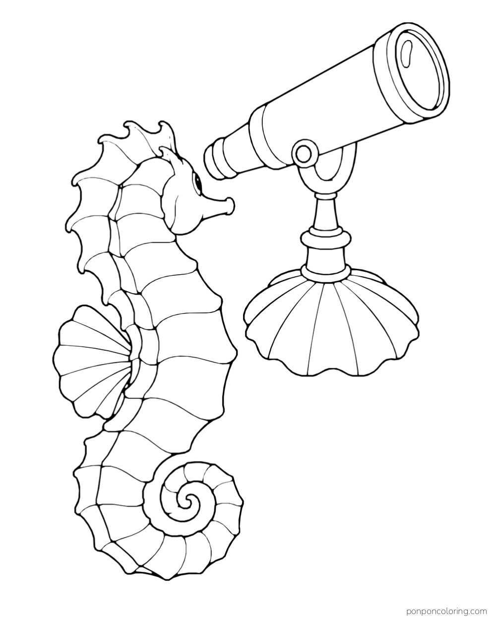 A seahorse viewed from behind beside a telescope mounted on a shell-shaped base.