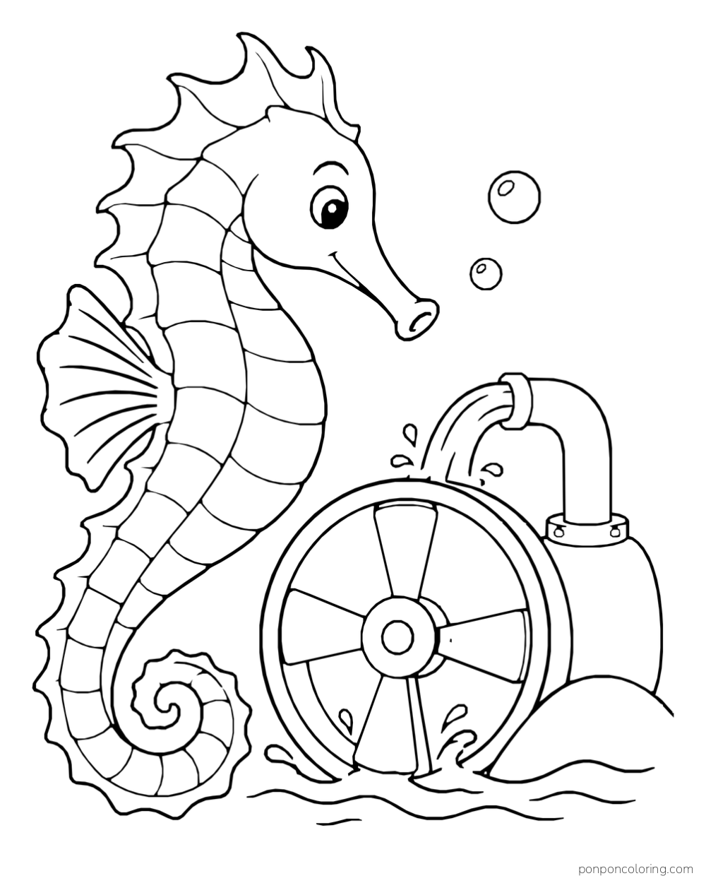 A seahorse beside a round wheel under a curved pipe with water pouring from it.
