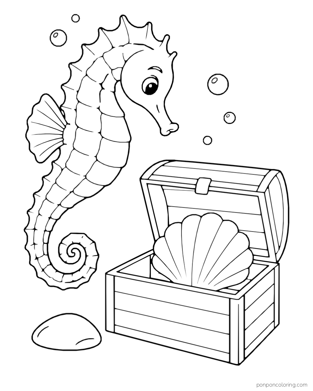 A seahorse looking into an open chest holding one large fan shell, with bubbles and a small stone nearby.
