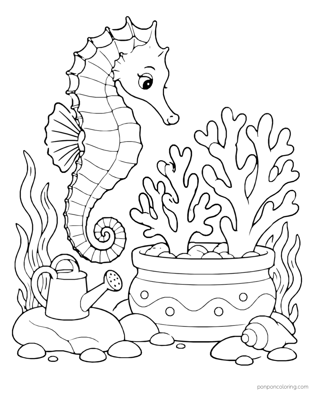 A seahorse beside a patterned planter holding branching coral, with a small watering can on a rock.