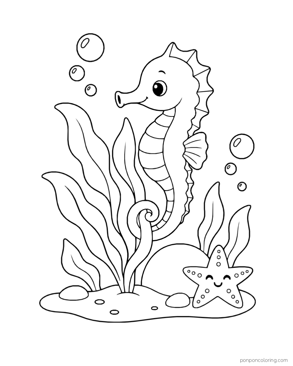 A seahorse curling its tail around a seaweed stem beside a smiling starfish, a rounded rock, and bubbles.