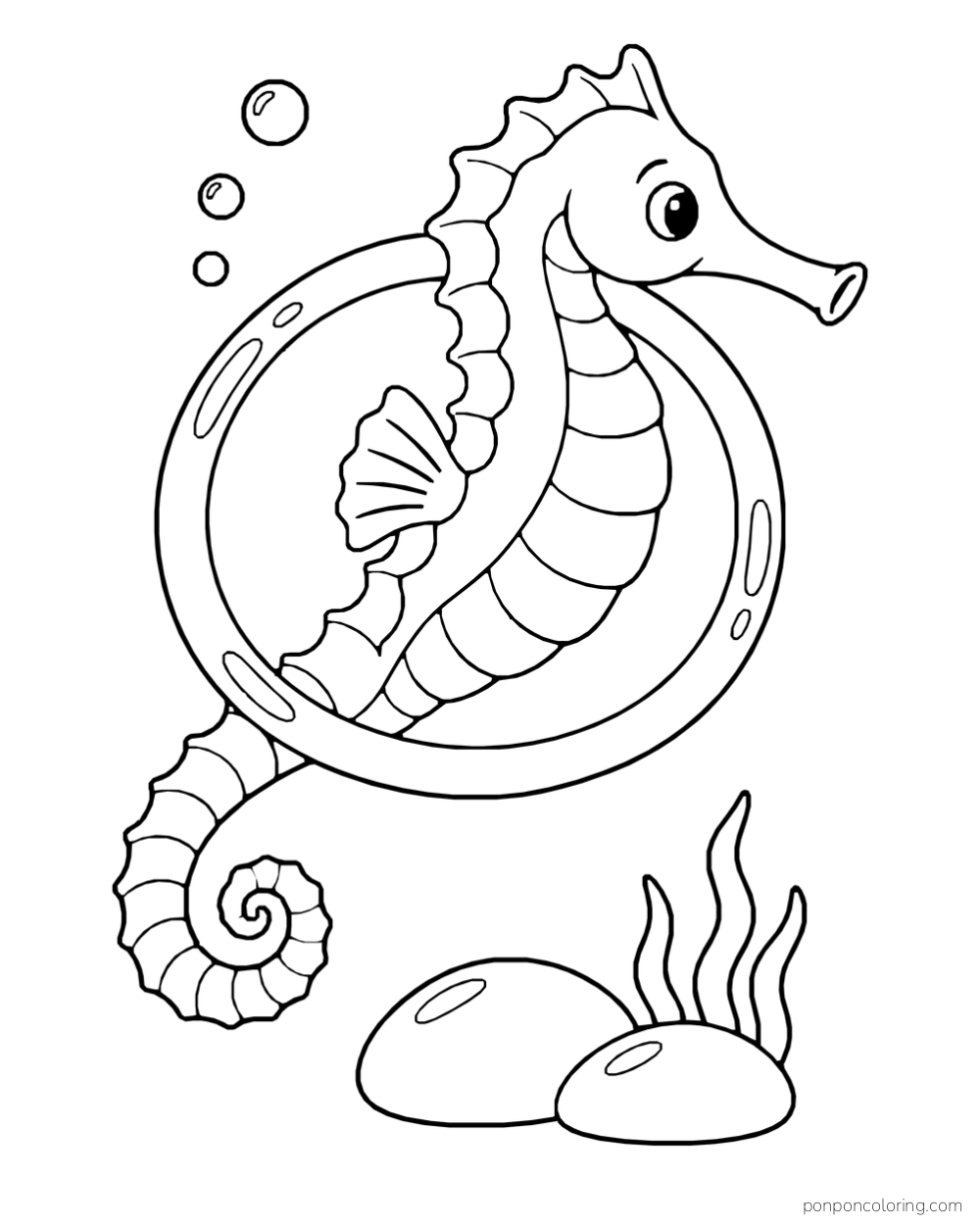 A seahorse passing through a large round ring above two stones and sea plants, with bubbles overhead.