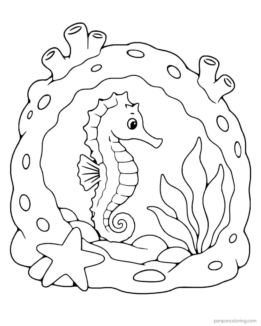 A seahorse inside a rounded coral cave opening with a starfish, rocks, and tall leaves at the entrance.