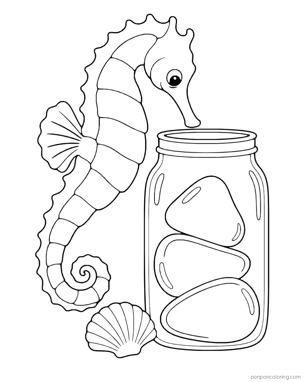 A seahorse looking down at a tall jar with three large rounded pieces inside, beside a small shell.