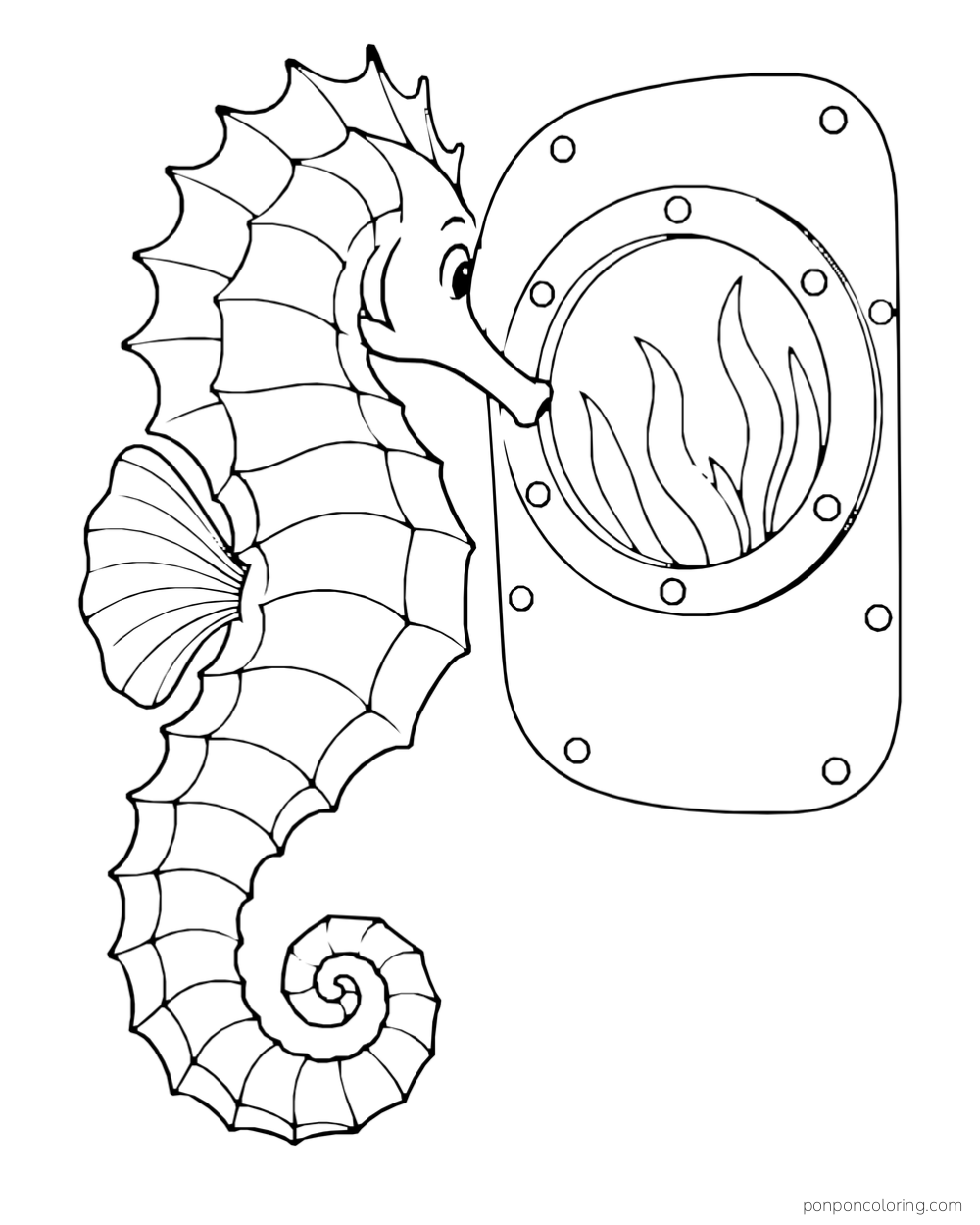 A seahorse beside a round porthole set in a panel, with sea plants visible through the opening.