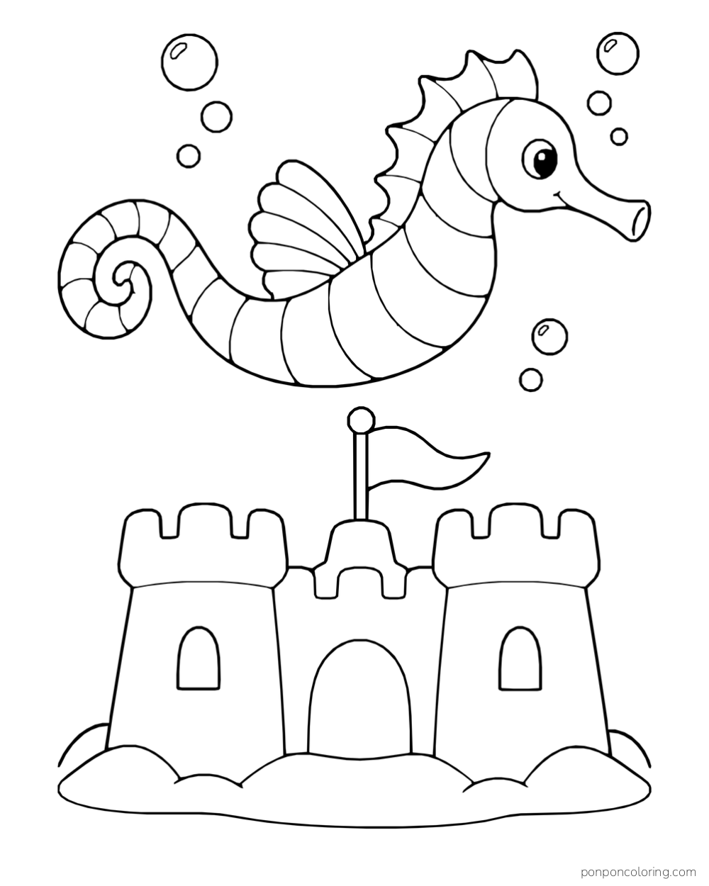 A seahorse above a small sandcastle with two square towers, a central doorway, and a flag.