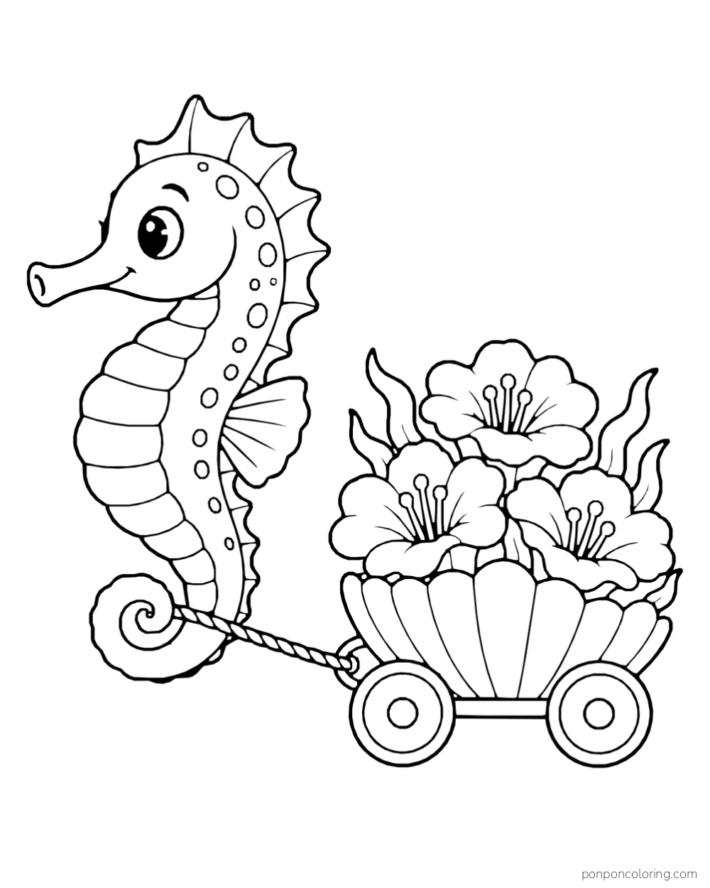 A seahorse pulling a two-wheeled shell cart filled with large flowers.