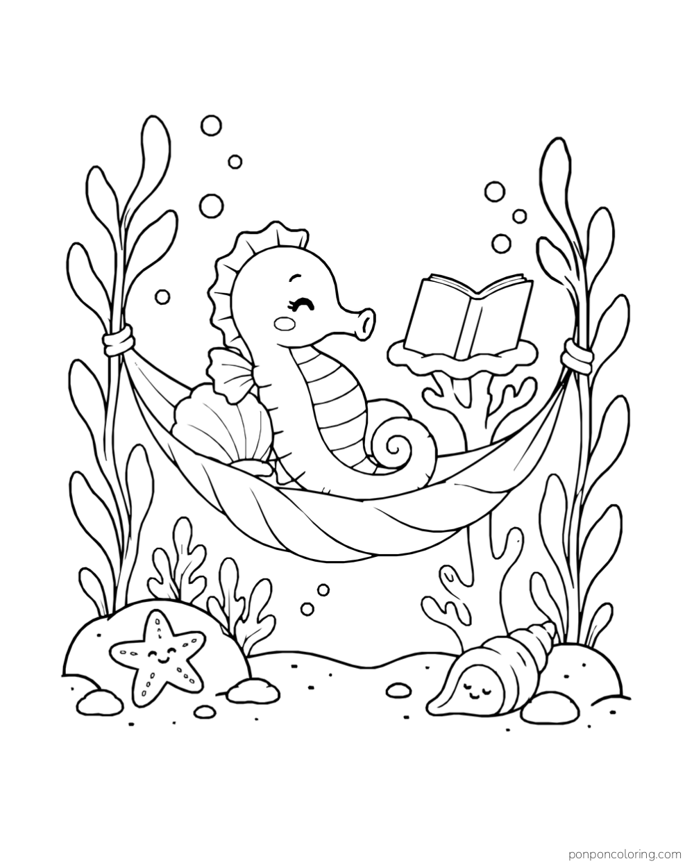 A seahorse resting in a leaf hammock between seaweed stems, with a shell cushion and an open book on a coral stand.