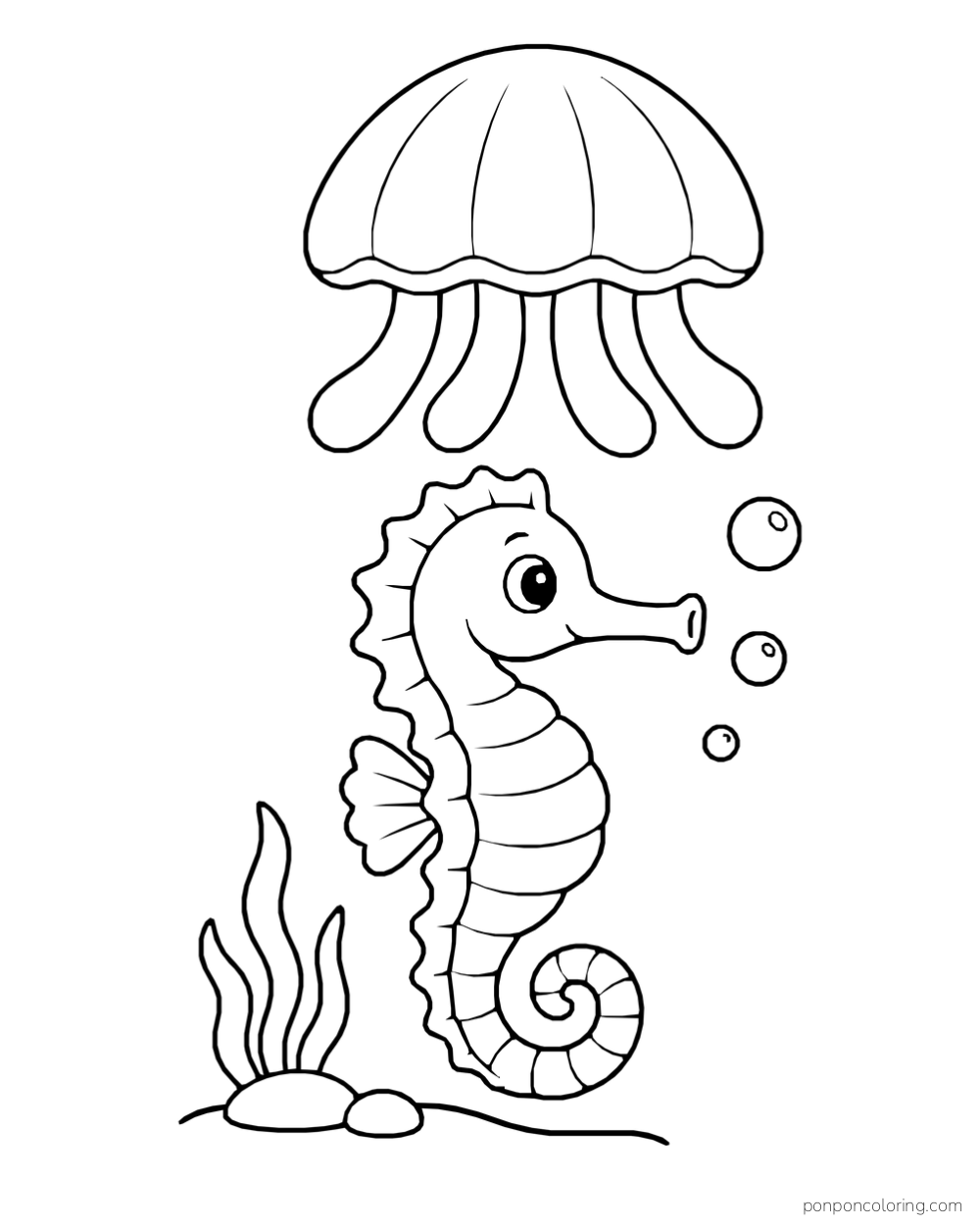 A seahorse beneath a large jellyfish with a rounded bell and thick tentacles, beside sea plants and bubbles.