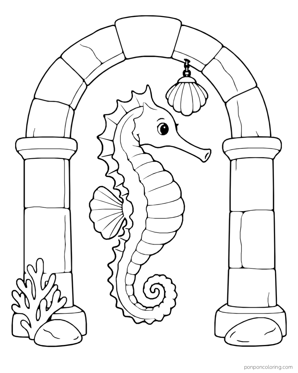 A seahorse under a rounded stone arch with a hanging shell-shaped lantern and coral at its base.