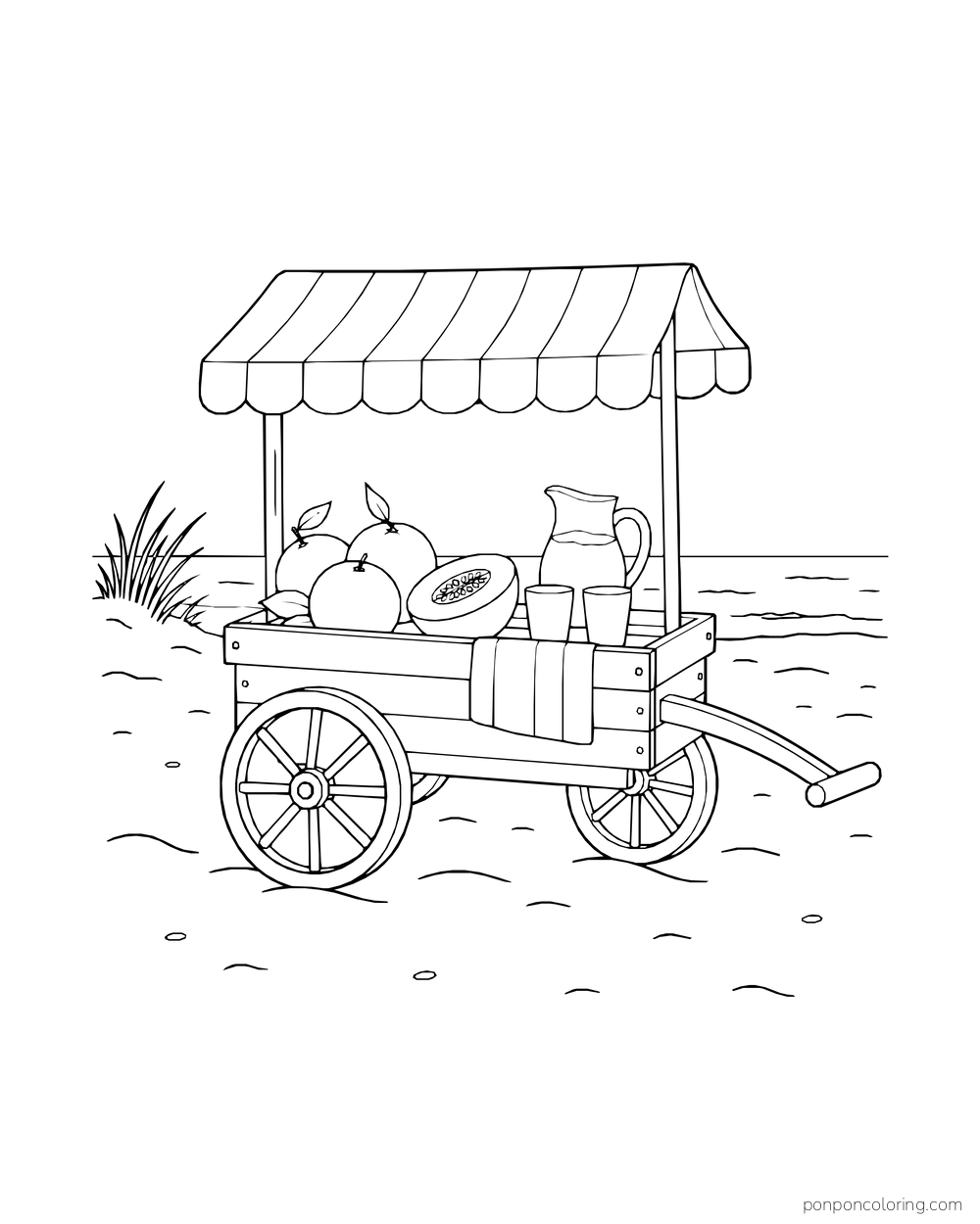 A small beach cart displays oranges, cut melon, and a pitcher.