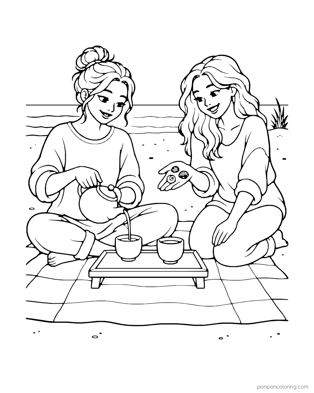 Two friends sit by the shore with a low tea tray on a blanket.