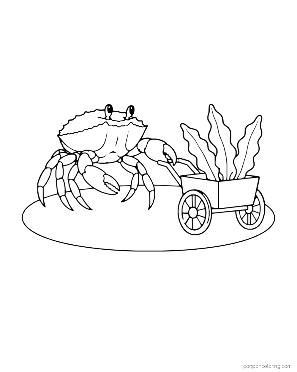 A crab pulls a two-wheeled cart filled with tall seaweed fronds.