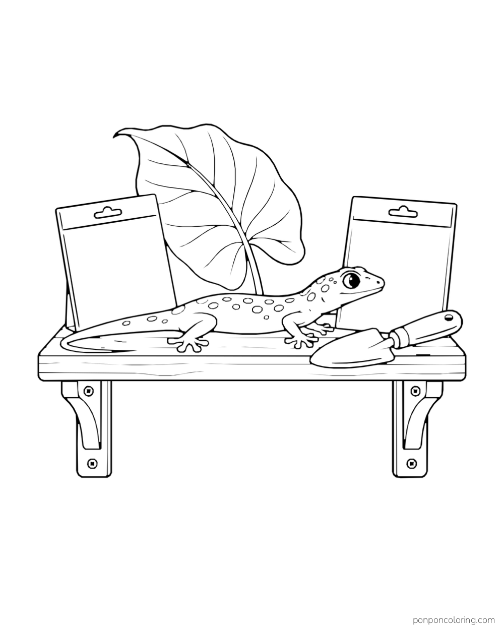 A spotted gecko rests on a small shelf between two blank seed packets and a hand trowel.