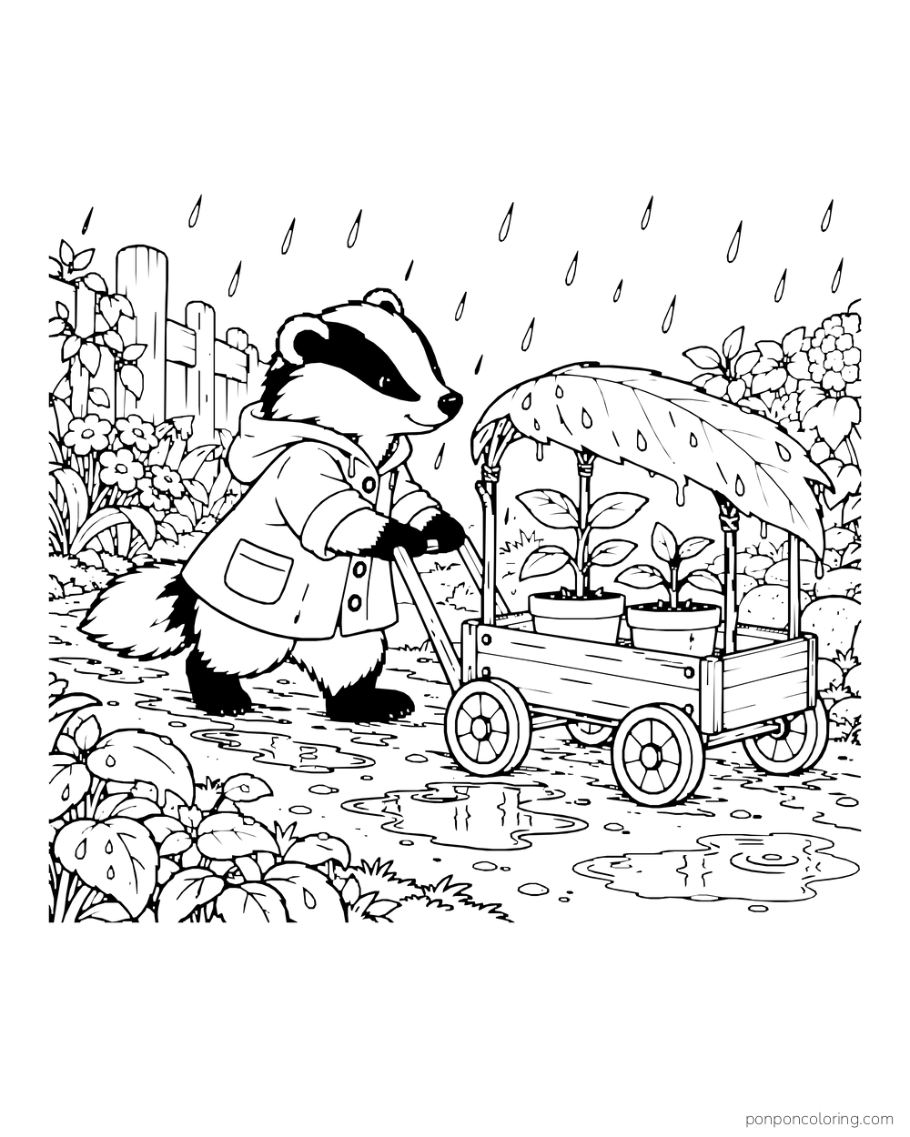 A badger pushes a covered wagon of seedlings along a wet path.
