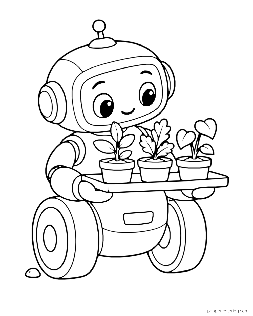 Robot carries three potted seedlings on a tray.