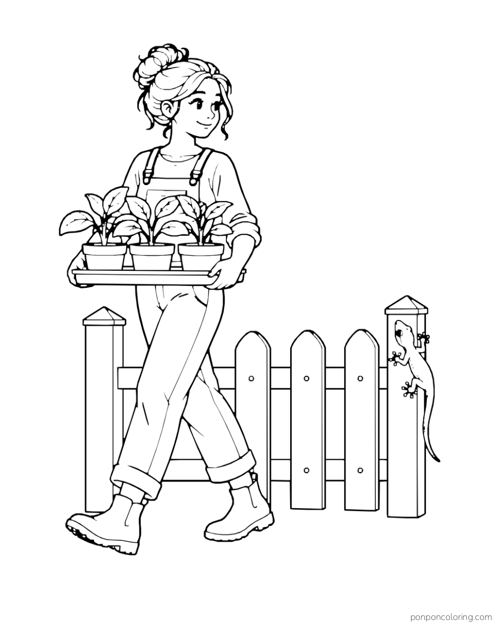 An adult carries a tray of three seedlings past a small gecko clinging to a fence post.