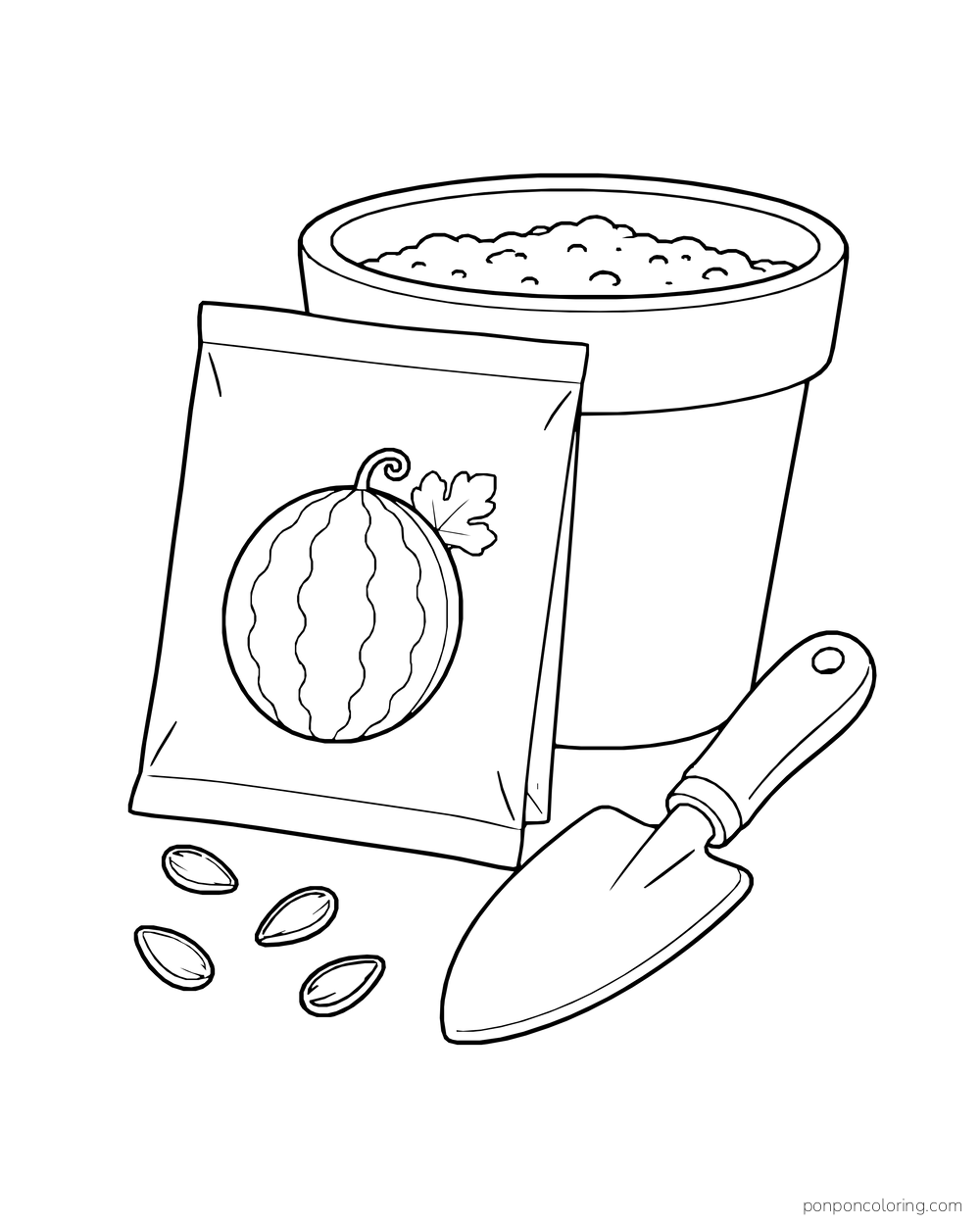 An unlettered watermelon seed packet beside a pot of soil, loose seeds, and a garden trowel.