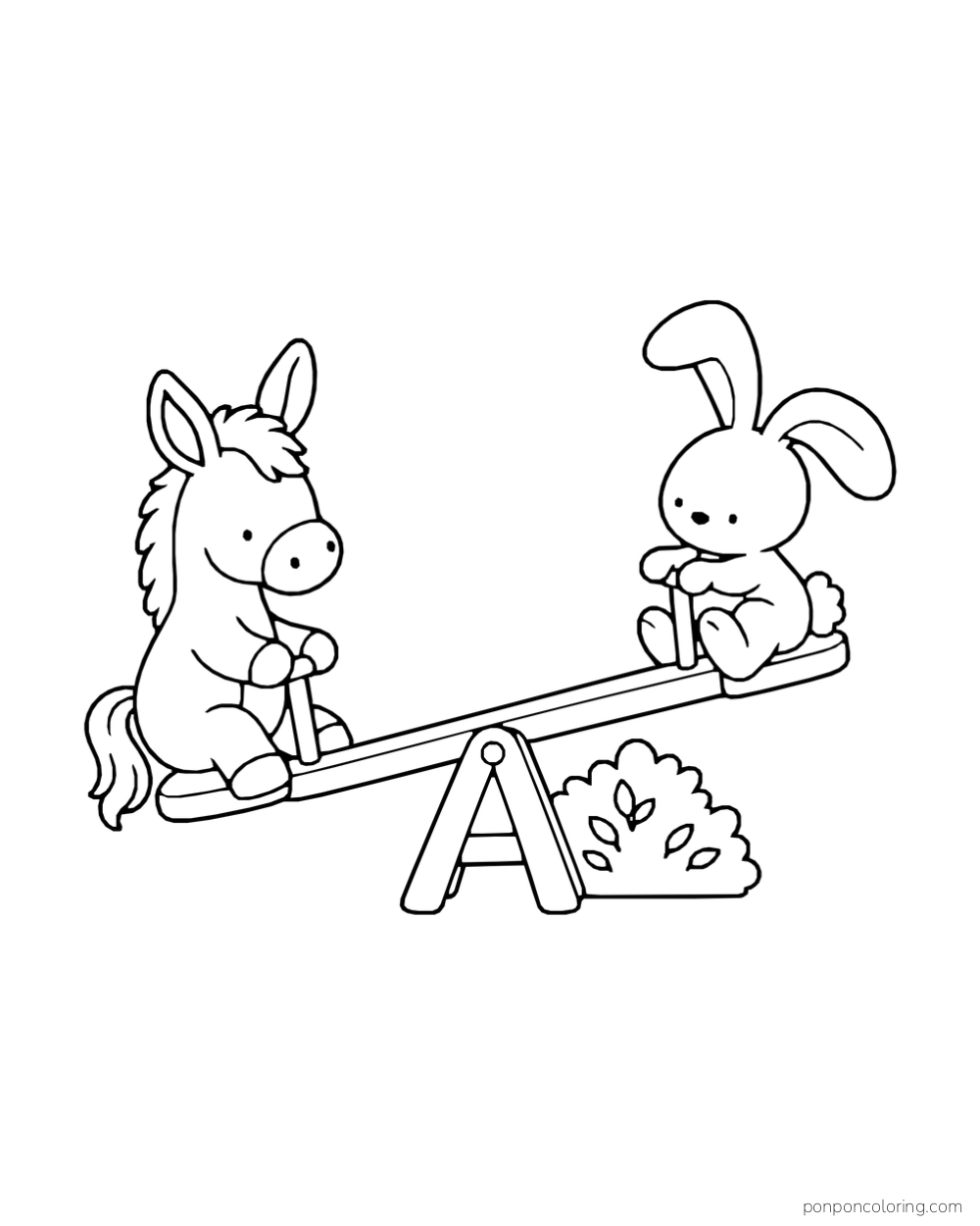 A donkey and rabbit sit on opposite ends of a wooden seesaw.