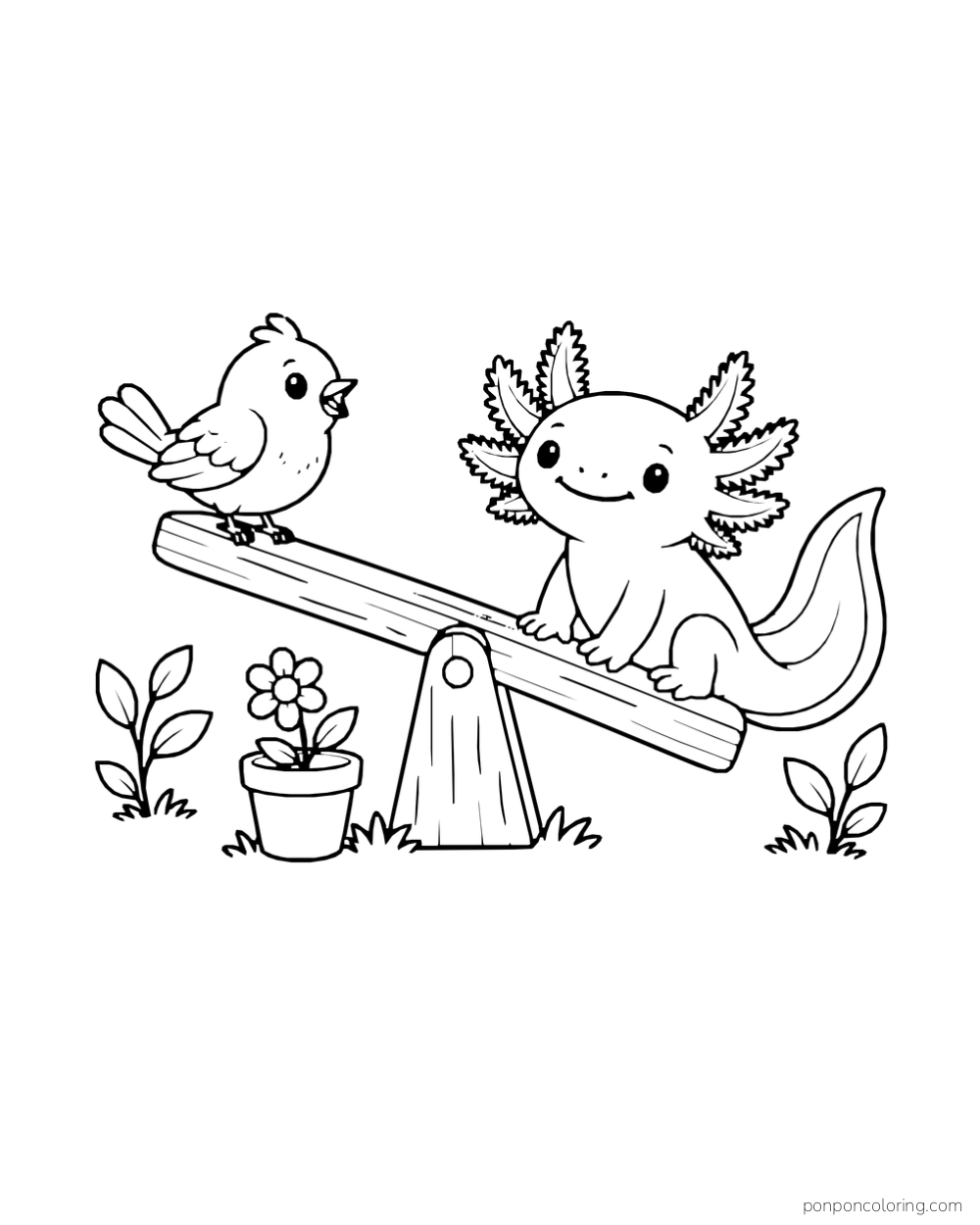 Axolotl and bird perched on opposite ends of a short wooden seesaw beside a flowerpot.