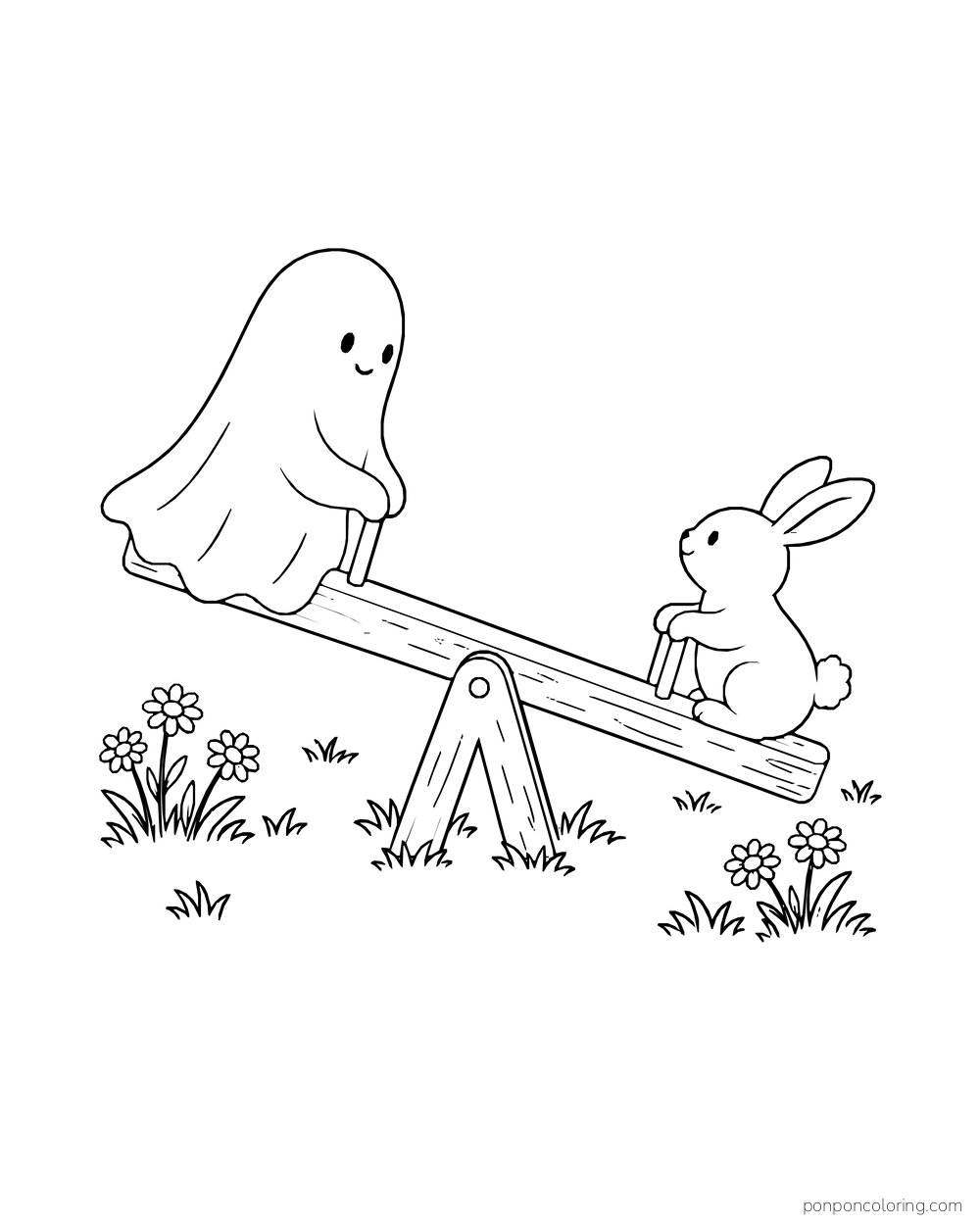 A ghost and a rabbit balance on a seesaw among little flowers.