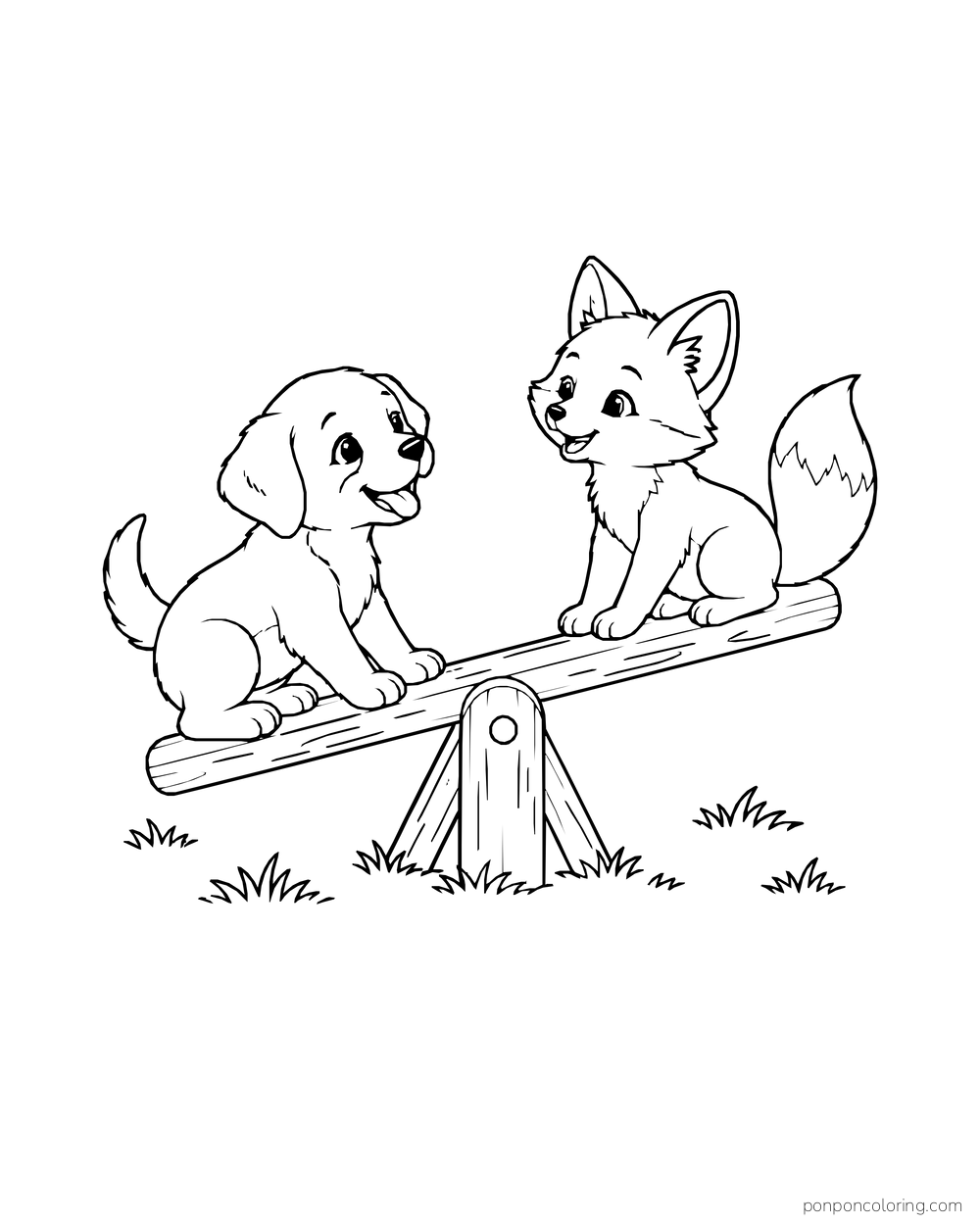 A puppy and fox cub balance at opposite ends of a wooden seesaw.