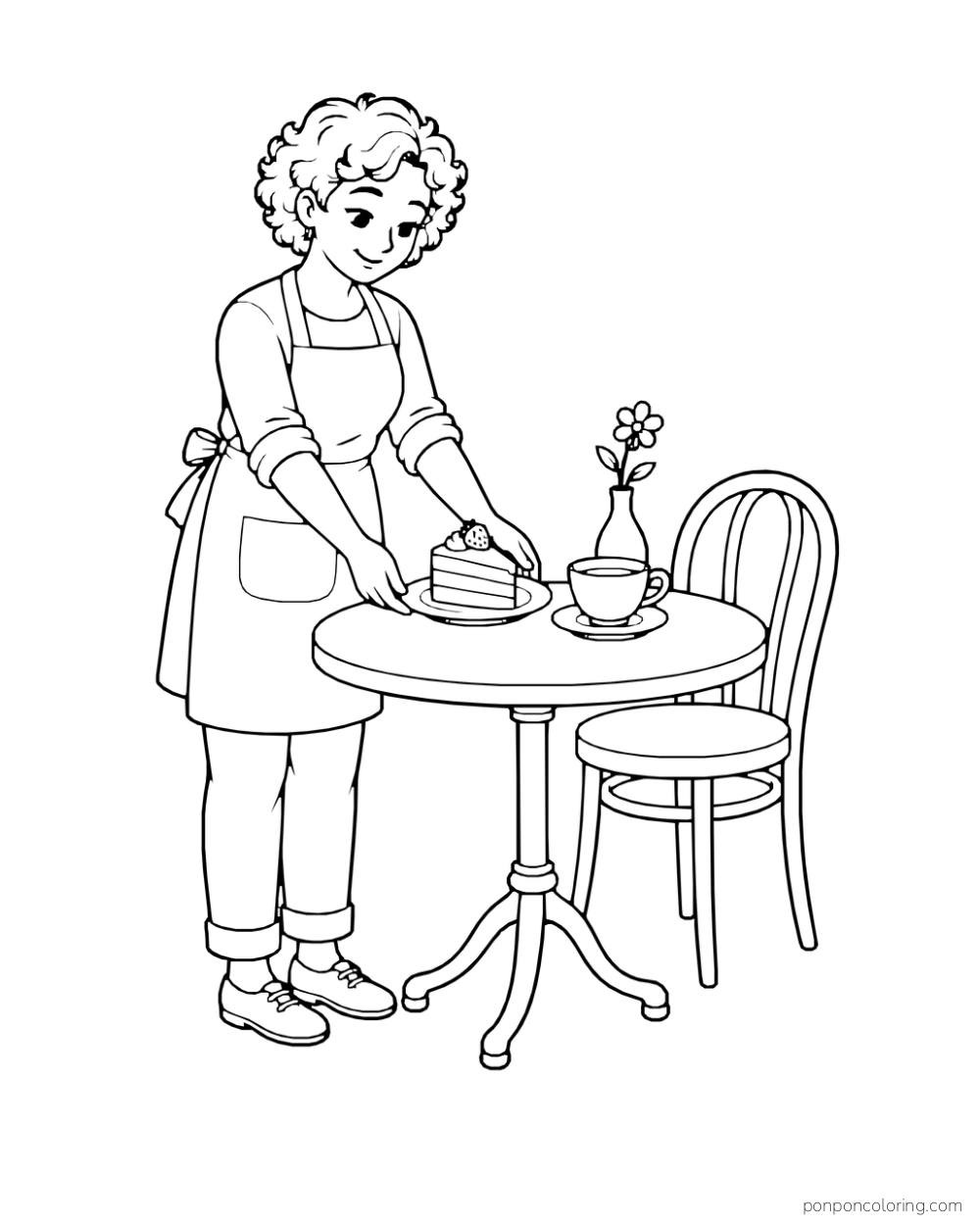 Aproned person sets a slice of layer cake on a plate beside a cup at a small table.